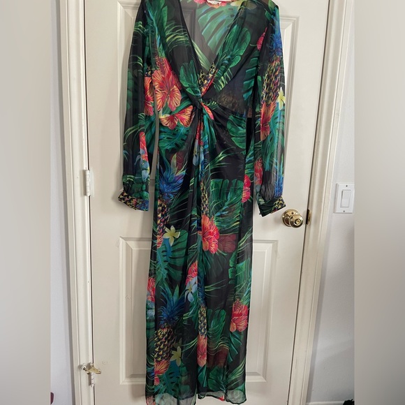 The Sang Vibrant Tropical Floral Print Maxi Dress Sheer Lined Skirt Under - Picture 2 of 10